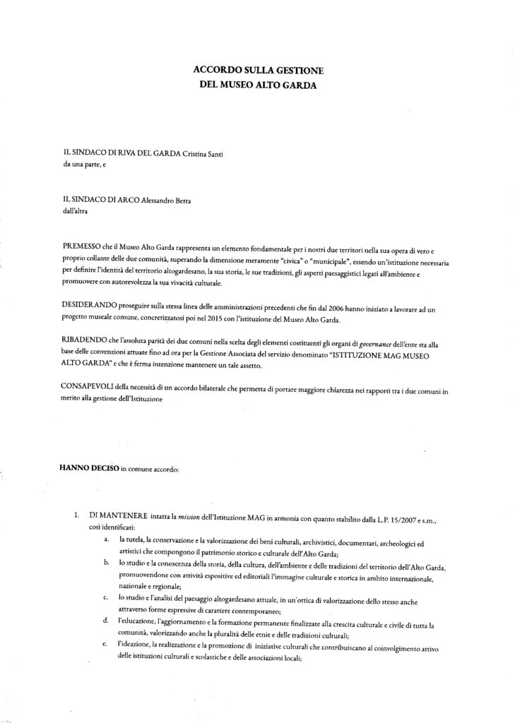 Accordo tra il sindaco Betta e la sindaca santi sulla gestione del Museo Alto Garda